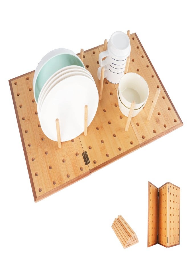 E-ROOM TREND Foldable Pegboard Organizer for Kitchen - Bamboo Base & Acacia Wood Edge Dish Rack for Kitchen Countertop, and Drawer, 24 Pegs, 23.6" x 15.7" - Image 1